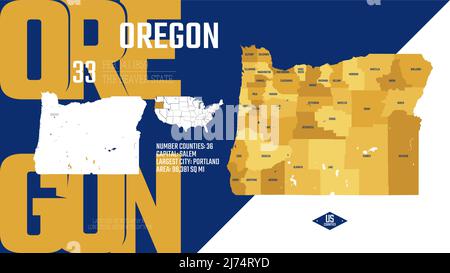 33 des 50 États des États-Unis, divisés en comtés avec des surnoms de territoire, vecteur détaillé carte de l'Oregon avec le nom et la date admis à l'ONU Illustration de Vecteur