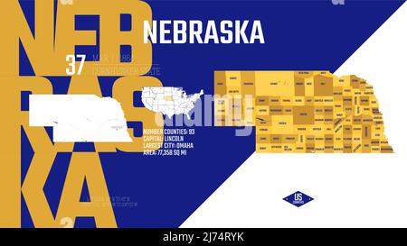 37 des 50 États des États-Unis, divisés en comtés avec des surnoms de territoire, vecteur détaillé Nebraska carte avec le nom et la date admis à la Illustration de Vecteur