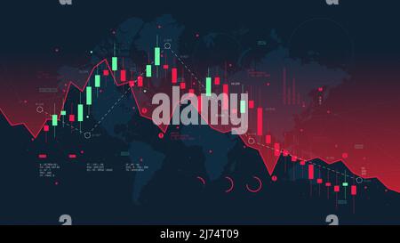 Graphique de l'analyse des marchés financiers sur le fond de la carte mondiale, la chute et la crise de l'économie mondiale, rapport d'analyse des entreprises, Illustration de Vecteur