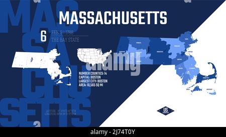 6 des 50 États des États-Unis, divisés en comtés avec des surnoms de territoire, vecteur détaillé carte du Massachusetts avec le nom et la date admis à Illustration de Vecteur