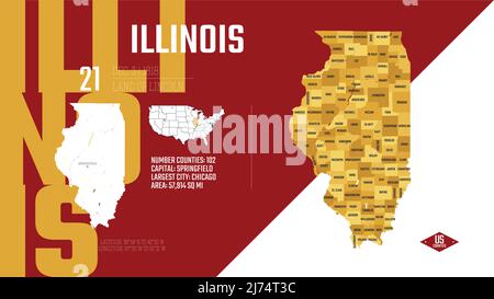 21 des 50 États des États-Unis, divisés en comtés avec des surnoms de territoire, vecteur détaillé Illinois carte avec le nom et la date admis à la Illustration de Vecteur