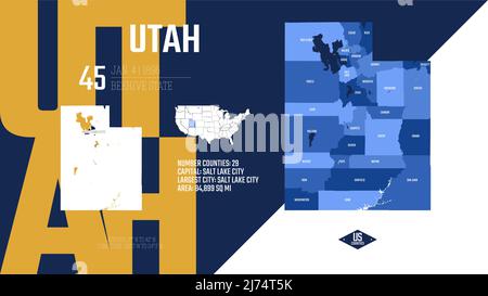 45 des 50 États des États-Unis, divisés en comtés avec des surnoms de territoire, vecteur détaillé Utah carte avec le nom et la date admis à l'Unio Illustration de Vecteur