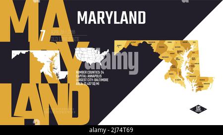 7 des 50 États des États-Unis, divisés en comtés avec des surnoms de territoire, vecteur détaillé Maryland carte avec le nom et la date admis à l'U Illustration de Vecteur