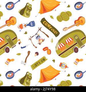 Camp d'été coloré sans couture avec remorque de camping, tente de camping, feu de camp, ours, homme avec guitare et forêt. Illustration vectorielle. Arrière-plan Illustration de Vecteur