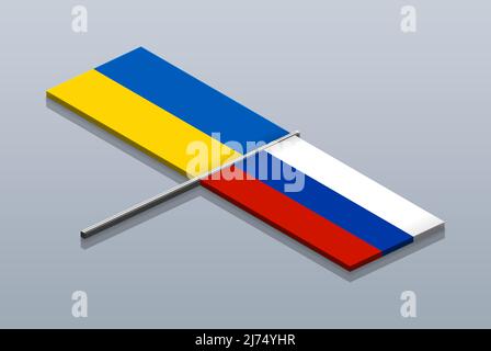 Drapeau de l'Ukraine et de la Russie côte à côte, idée de bannière d'information, isolé sur fond gris, vue assise, concept de la guerre de la Russie et de l'Ukraine Banque D'Images