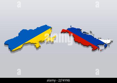 L'Ukraine et la Russie côte à côte drapeau cartographique, isolé sur fond gris, concept de tension entre la Russie et l'Ukraine, idée de bannière d'information, vue de côté Banque D'Images