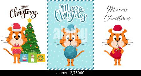 Un ensemble de cartes postales de Noël du nouvel an avec un joli tigre de dessin animé. Cartes verticales avec le caractère Tiger - le symbole de la nouvelle année chinoise. Joyeux Illustration de Vecteur