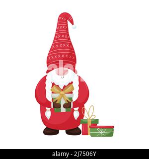 Un gnome de Noël avec des queues de porc et une barbe dans un chapeau rouge tient une boîte cadeau avec un noeud. Le joli personnage de dessin animé du nouvel an est isolé sur un fond blanc Illustration de Vecteur