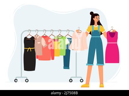 Une fille dans une combinaison choisit des vêtements et pense qu'elle veut une robe ou un chemisier. Un cintre avec des vêtements différents. Shopping. Illustration à vecteur de couleur de i Illustration de Vecteur