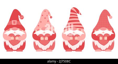 Un ensemble de petits nains paunchy en vêtements et chapeaux roses et rouges tenant les coeurs dans leurs mains. Petits gnomes, personnages de dessins animés mignons dans un style plat. Illustration de Vecteur