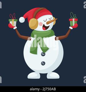 Un bonhomme de neige mignon dans un écouteur et un foulard vert tient des boîtes-cadeaux dans ses mains. Un personnage de dessin animé de Noël de style plat est isolé sur un bac sombre Illustration de Vecteur