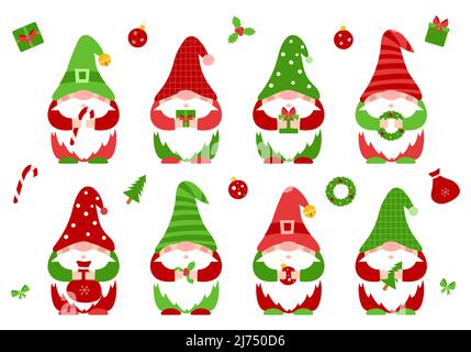 Un ensemble de petits nains de Noël en rouge, des vêtements verts et des chapeaux, qui tiennent les attributs du nouvel an dans leurs mains.mignon petits gnomes, personnages de dessin animé. Illustration de Vecteur