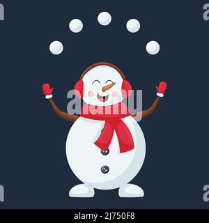 Un adorable bonhomme de neige dans un écouteur et un foulard rouge jongle avec des boules de neige. Un personnage de dessin animé de Noël dans un style plat est isolé sur un fond sombre. C Illustration de Vecteur