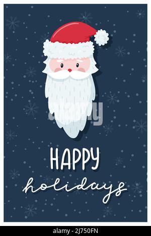 Carte de vœux de Noël. La tête du Père Noël dans un chapeau et une barbe sur un fond sombre avec des flocons de neige. Lettrage à la main - joyeuses fêtes. Joli personnage plat Illustration de Vecteur
