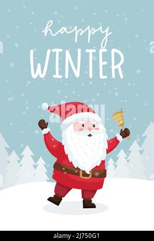 Une carte de Noël avec un Père Noël souriant qui sonne une cloche dans une forêt enneigée. Paysage d'hiver. Lettrage à la main - hiver heureux. Joli personnage de dessin animé plat. Illustration de Vecteur