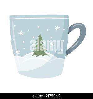 Un mug bleu avec un paysage d'hiver, des perdrides de neige et un arbre de Noël. Une tasse à plat tirée à la main avec une boisson chaude. L'élément de conception est isolé sur un blanc Illustration de Vecteur