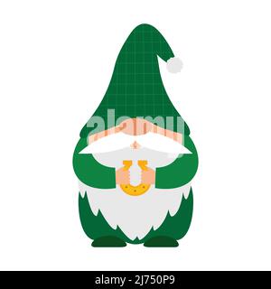 Un petit nain barbu dans un chapeau à carreaux vert tient un fer à cheval dans ses mains. Un symbole de Bonne chance. Un petit gnome, un joli personnage de dessin animé dans un fl Illustration de Vecteur