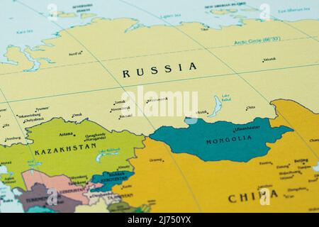 Russie pays et emplacement sur la carte, macro et gros plan de la Russie sur la carte, idée de voyage, concept de vacances, culture russe, destination, vue de dessus Banque D'Images