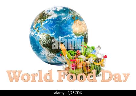 Concept de la Journée mondiale de l'alimentation. Panier avec produits et Earth Globe. 3D rendu isolé sur fond blanc Banque D'Images