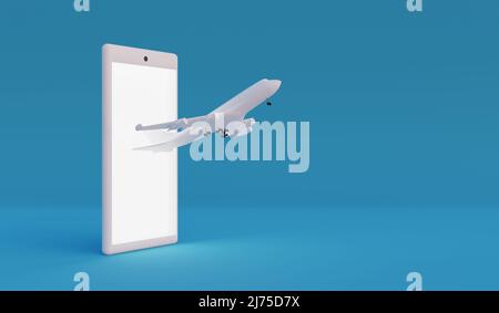 Avion volant depuis un smartphone sur fond bleu. 3d rendu Banque D'Images