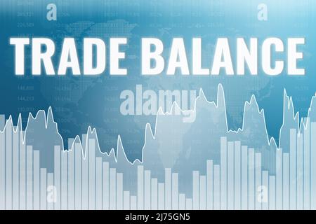 Terme financier le solde des échanges sur fond bleu de finance à partir de graphiques, graphiques, colonnes, ligne, carte du monde, numéros. Concept de marché financier Banque D'Images