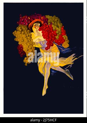 Un détail d'une affiche publicitaire française du début du 20th siècle montrant une femme portant d'énormes grappes de raisins sur ses épaules. L'artiste est Leonetto Cappiello, (1875-1942) Banque D'Images