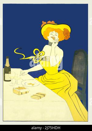 Un détail d'une affiche publicitaire française du début du 20th siècle montrant une femme mangeant des biscuits aux amandes. L'artiste est Leonetto Cappiello, (1875-1942) Banque D'Images