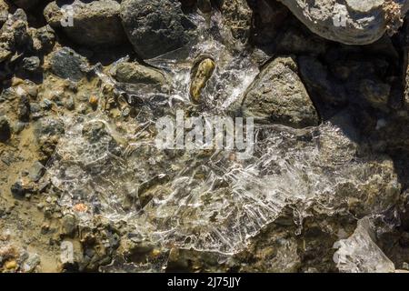 Texture et détail de fragments brisés de glace piégés entre les pierres d'un lac gelé dans une montagne himalayenne éloignée. Banque D'Images