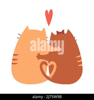 Les chats adorables de dessin animé sont assis près du corps. Des personnages adorables et heureux pour les cartes de vœux de la Saint-Valentin. Illustration vectorielle isolée sur un blanc Illustration de Vecteur