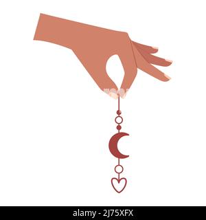 Une main humaine à deux doigts tient une boucle d'oreille avec un croissant de lune et un coeur, un élément boho. Un symbole d'amour, de romance, de gratitude. Saint-Valentin boho Illustration de Vecteur