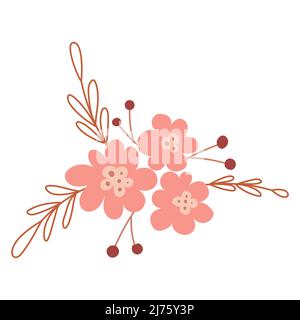 Un arrangement floral simple avec des boutons de fleurs roses abstraits, des feuilles, des brindilles et des baies. Illustration botanique vectorielle isolée sur fond blanc Illustration de Vecteur