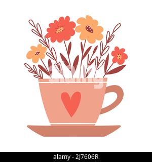 Bouquet de fleurs et brindilles simples rouges et jaunes dans une tasse avec coeur et soucoupe. Élément décoratif pour cartes de Saint-Valentin. Couleur plate simple Illustration de Vecteur