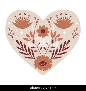 Coeur mystique symétrique avec éléments floraux, bourgeons et brindilles. Élément décoratif pour cartes de Saint-Valentin, design d'emballage. Illustrateur de vecteur de couleur Illustration de Vecteur