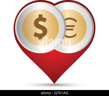 Les symboles pièce de monnaie en dollars américains et pièce de monnaie en euros sont en forme de coeur rouge Illustration de Vecteur