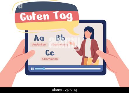 L'étudiant apprend la langue allemande avec un professeur professionnel en ligne semi-plat couleur vecteur caractères Illustration de Vecteur