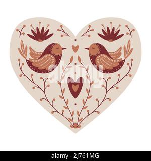 Coeur mystique symétrique avec des oiseaux, des brindilles, des coeurs. Élément décoratif pour cartes de Saint-Valentin, design d'emballage. Isola de l'illustration à vecteur de couleur Illustration de Vecteur