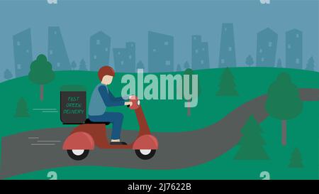 Le service de messagerie sur scooter livre la nourriture en ville. Service de livraison écologique rapide de nourriture verte, service de messagerie de conducteur de moto. Illustration vectorielle de style plat Illustration de Vecteur