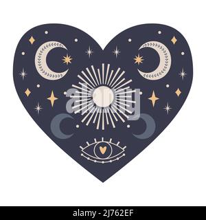 Coeur mystique symétrique avec éléments célestes et boho, lune, soleil, étoiles, œil. Élément décoratif pour cartes de Saint-Valentin, design d'emballage. Co Illustration de Vecteur