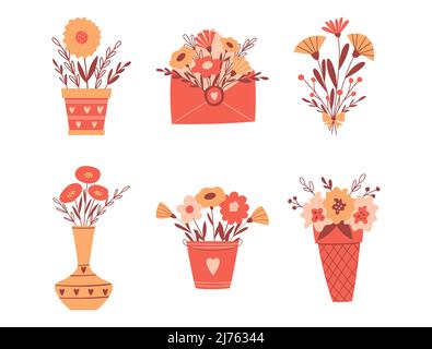 Un ensemble d'arrangements floraux dans des vases, une enveloppe, un semoir, un seau. Petites compositions botaniques mignonnes de style dessin animé. Illustrateur de vecteur de couleur Illustration de Vecteur