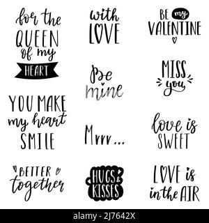 Un ensemble de mots et de phrases manuscrits pour la création de cartes de Saint-Valentin. Lettrage à la main. Silhouettes vectorielles noires et blanches dessinées à la main isolées Illustration de Vecteur