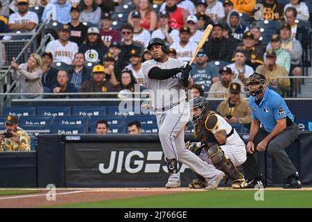 05 mai 2022 : le premier basan de Miami Marlins Jesus Aguilar (99) lors d'un match de baseball MLB entre les Miami Marlins et les San Diego Padres au parc Petco à San Diego, Californie. Justin Fine/CSM Banque D'Images