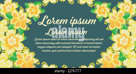 Bannière de modèle de texte de fleurs de jonquille de vecteur. Bleu jaune vif mélange de narcisse têtes de fleur cadre pour le texte de l'espace réservé . Dessin à la main. Ressort Illustration de Vecteur