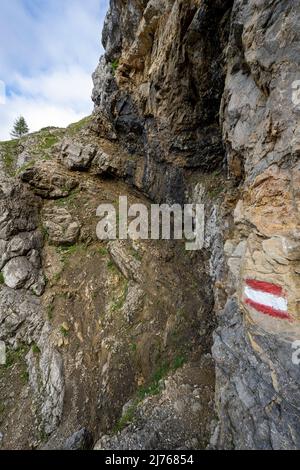 Un chemin étroit, le Gjaidsteig entre Wörnersattel et Bäralpl dans le Karwendel, en partie avec vieux câble de protection et des rochers. Un marqueur de trace indique la trajectoire. Banque D'Images