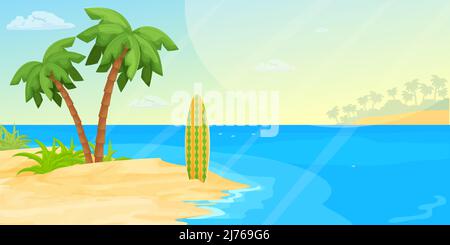 Plage tropicale en bord de mer avec mer, sable, palmiers et surf dans le style de dessin animé. Bannière horizontale, vacances d'été côte exotique. Ambiance calme et relaxante. Illustration vectorielle Illustration de Vecteur