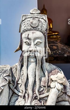 Figure de pierre chinoise, gardien de temple, complexe de temple Wat Pho, temple du Bouddha couché, Bangkok, Thaïlande, Asie Banque D'Images