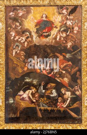 BARI, ITALIE - 3 MARS 2022 : la peinture de l'Immaculée et de Saint-Nicolas dans le plafond cercueil de la Basilique de San Nicola par Carlo de Rosa Banque D'Images