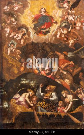 BARI, ITALIE - 3 MARS 2022 : la peinture de l'Immaculée et de Saint-Nicolas dans le plafond cercueil de la Basilique de San Nicola par Carlo de Rosa Banque D'Images