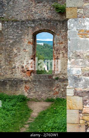 Allemagne, Donaustauf, vue du château de la ruine Donaustauf sur l'église de pèlerinage Saint-Salvator à Valhalla. La ruine du château Donaustauf est la ruine d'un haut château au-dessus du village Donaustauf dans le district du Haut-Palatinat Regensburg. Banque D'Images