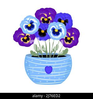 Pansies bleues et violettes dans un pot, sept fleurs Illustration de Vecteur