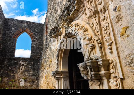 Chérubin sur la façade sculptée à la main de Mission San José, San Antonio missions National Historic Park, San Antonio, Texas, Etats-Unis Banque D'Images